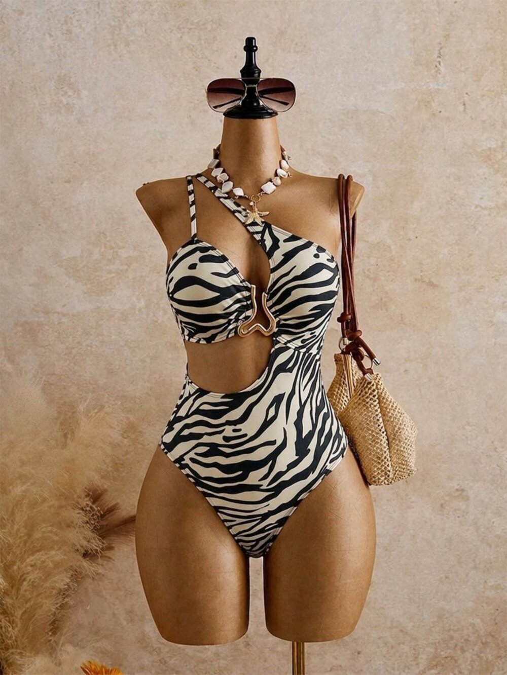 Multicolor Asymmetrical zebra One-Shoulder Women's Plus-Size Cutout Swimsuit - Picture 6 of 6